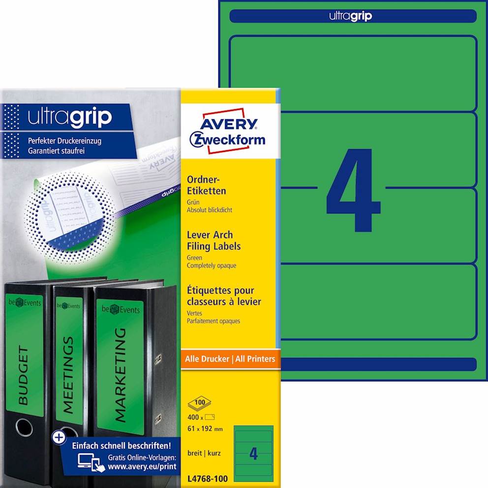 Etykiety na segregatory; A4, 100 ark./op., 61 x 192 mm, zielone