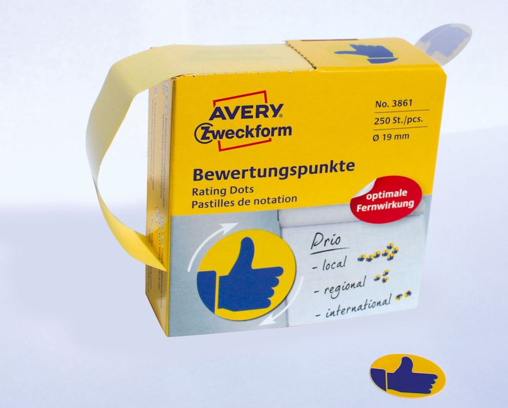 Kółka z symbolami do zaznaczania w dyspenserze 'Kciuk', trwałe, 250 szt. / rolka, O19 mm, żółto-niebiskie