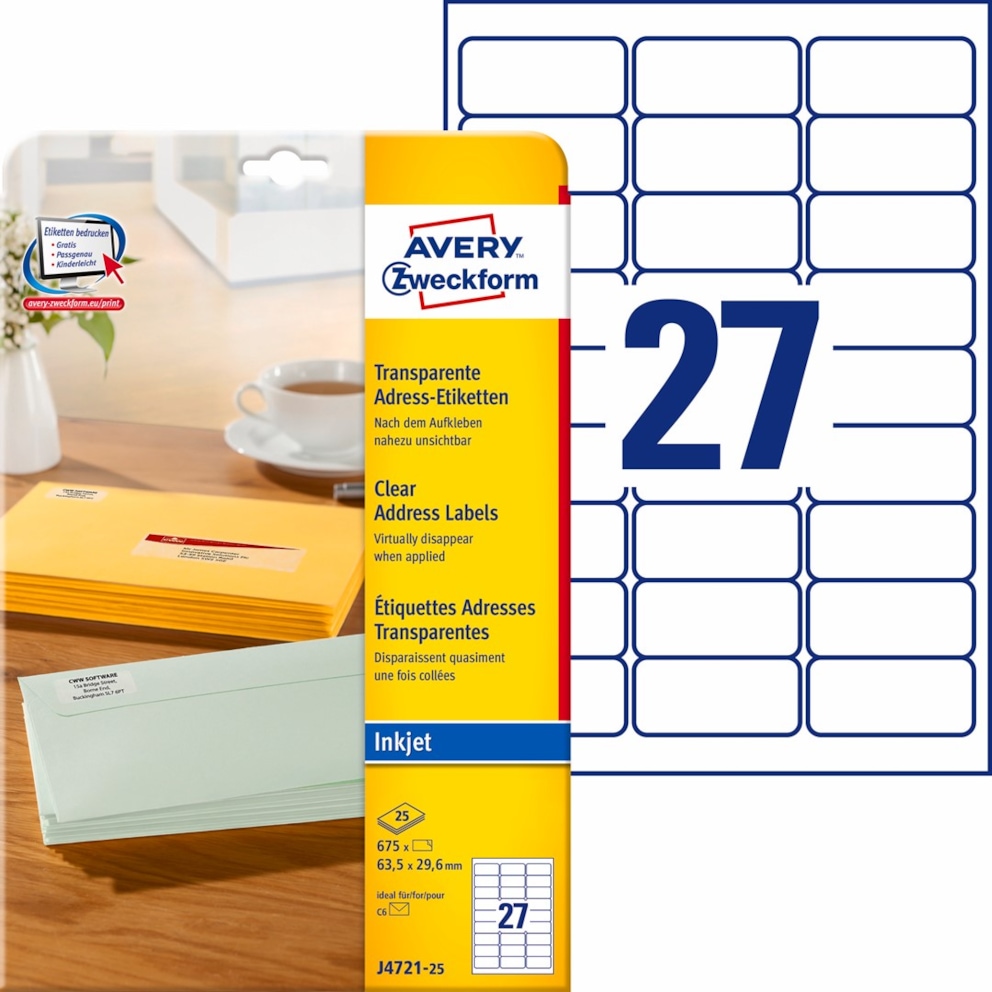 Etykiety adresowe przezroczyste; A4, 25 ark./op., 63,5 x 29,6 mm, przezroczyste