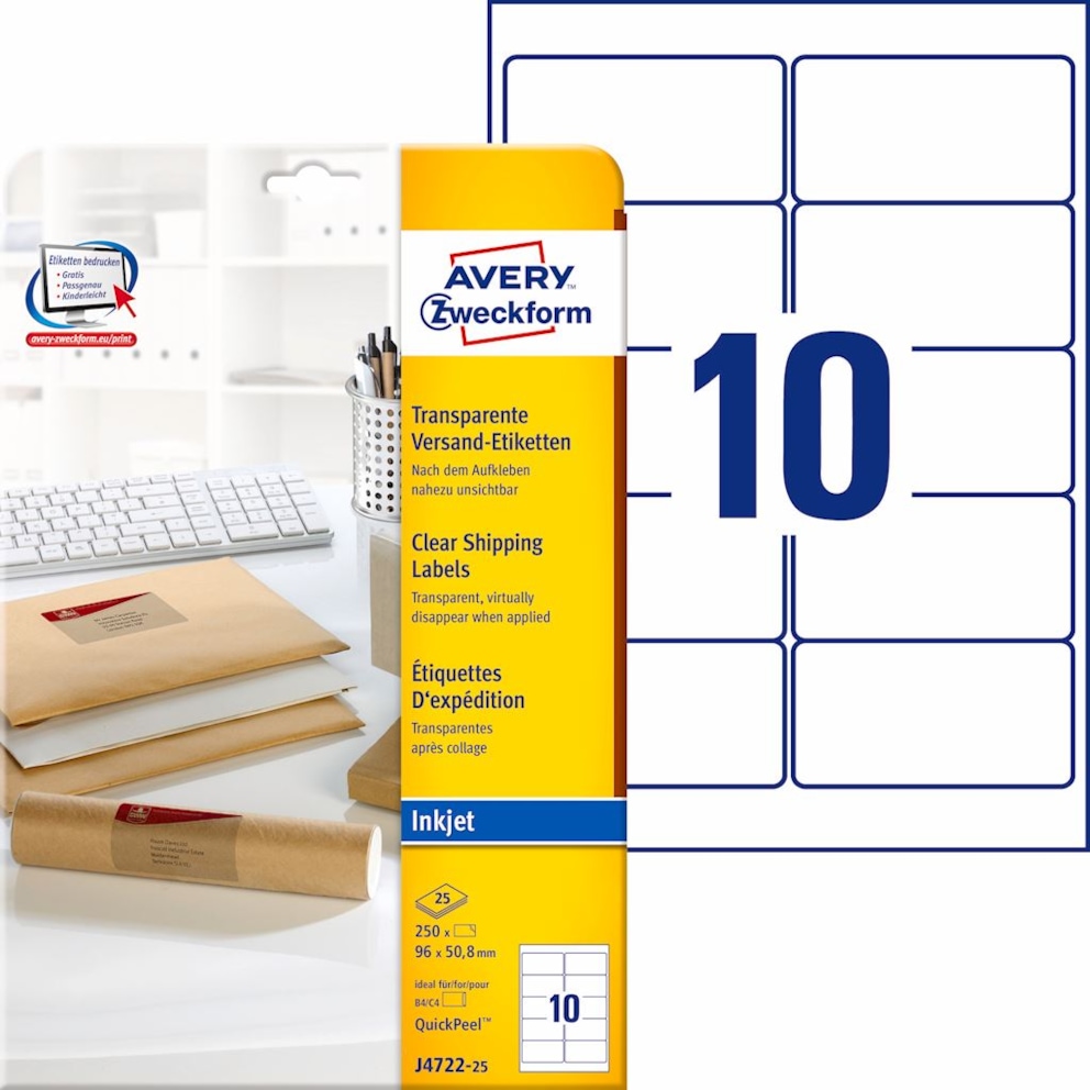 Etykiety wysyłkowe przezroczyste; A4, 25 ark./op., 96 x 50,8 mm, przezroczyste