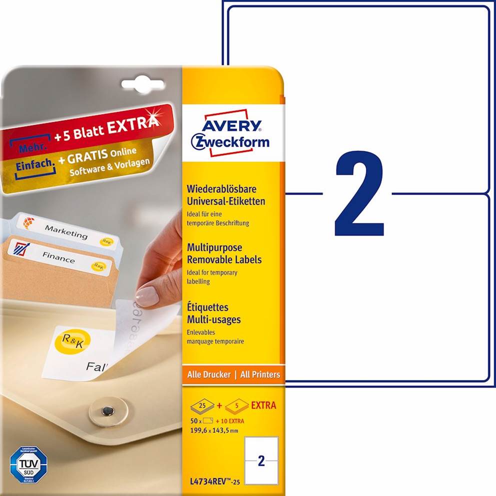 Usuwalne etykiety uniwersalne; A4, 25 ark./op., 199,6 x 143,5 mm, białe