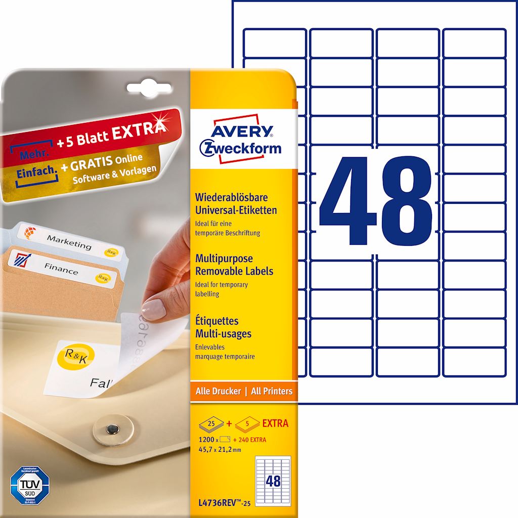 Usuwalne etykiety uniwersalne; A4, 25 ark./op., 45,7 x 21,2 mm, białe