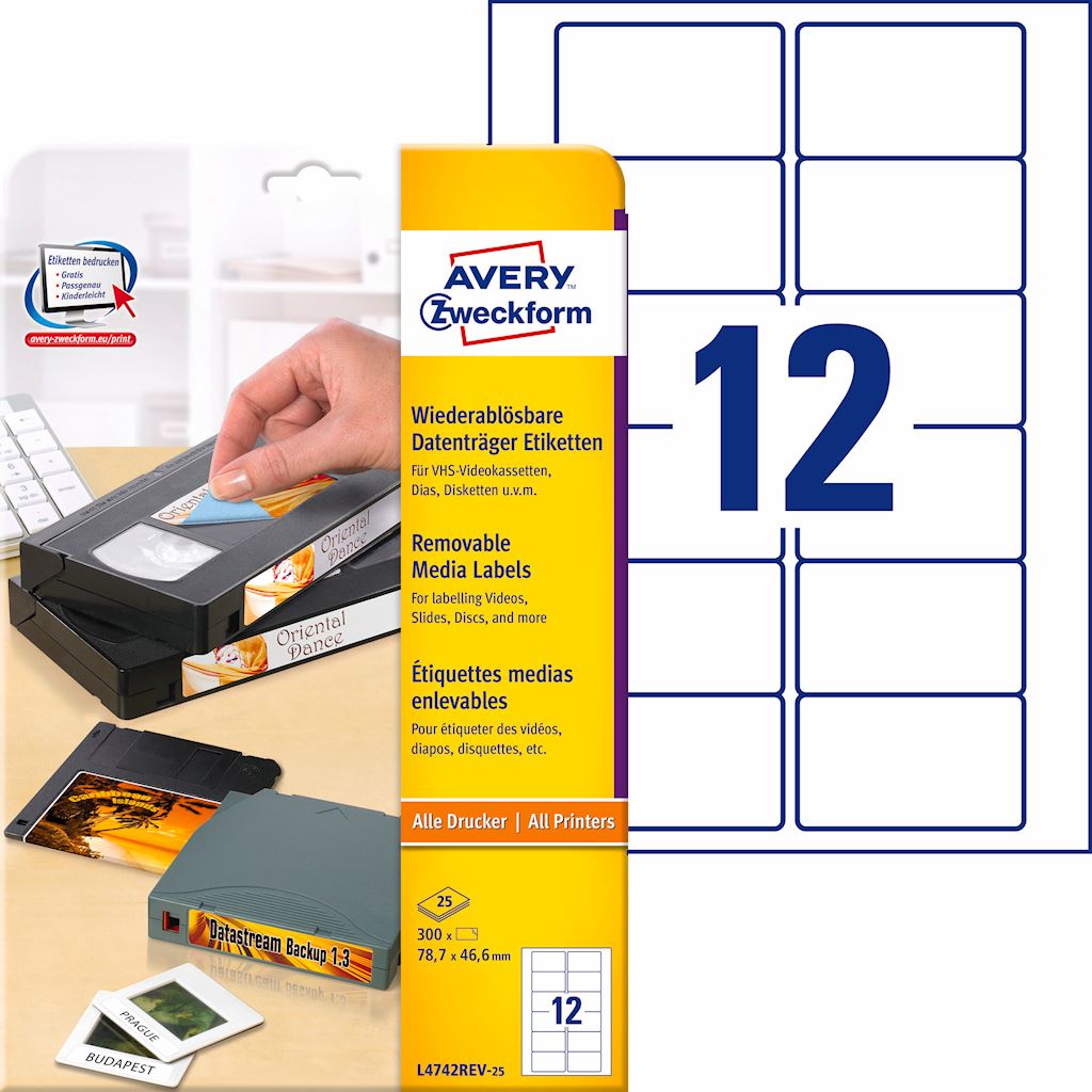 Etykiety na kasety wideo; A4, 25 ark./op., 78,7 x 46,6 mm, białe, usuwalne