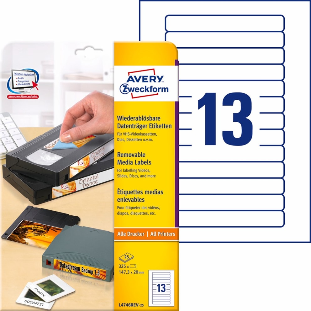 Etykiety na kasety wideo; A4, 25 ark./op., 147,3 x 20 mm, białe, usuwalne