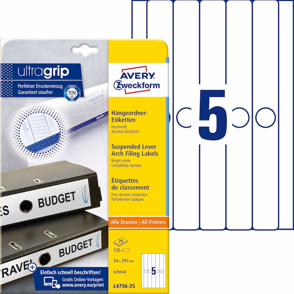 Etykiet na segegatory podwieszane; A4, 25 ark./op., 34 x 297 mm, białe, wąskie