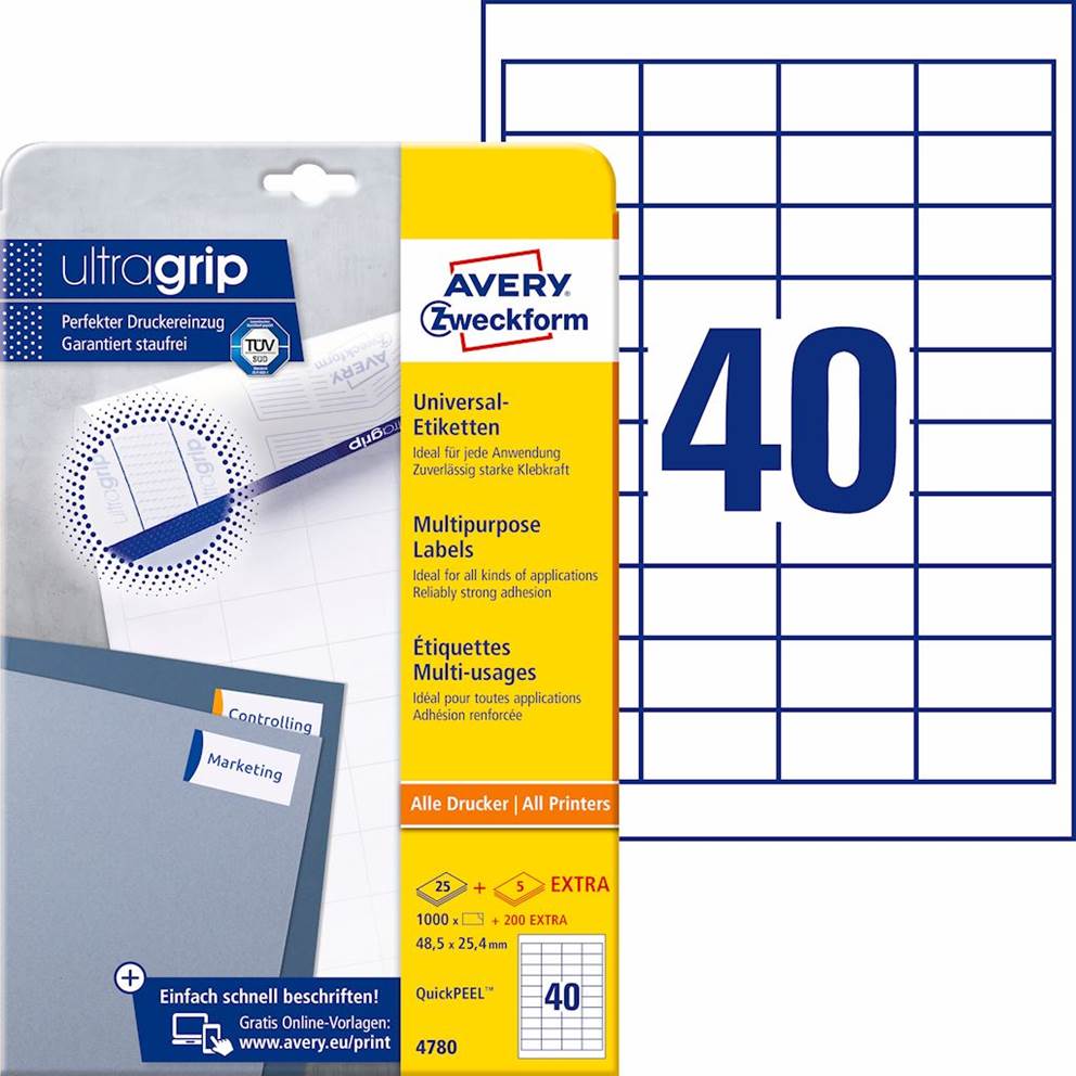 Trwałe etykiety uniwersalne; A4, 25 ark./op., 48,5 x 25,4 mm, białe