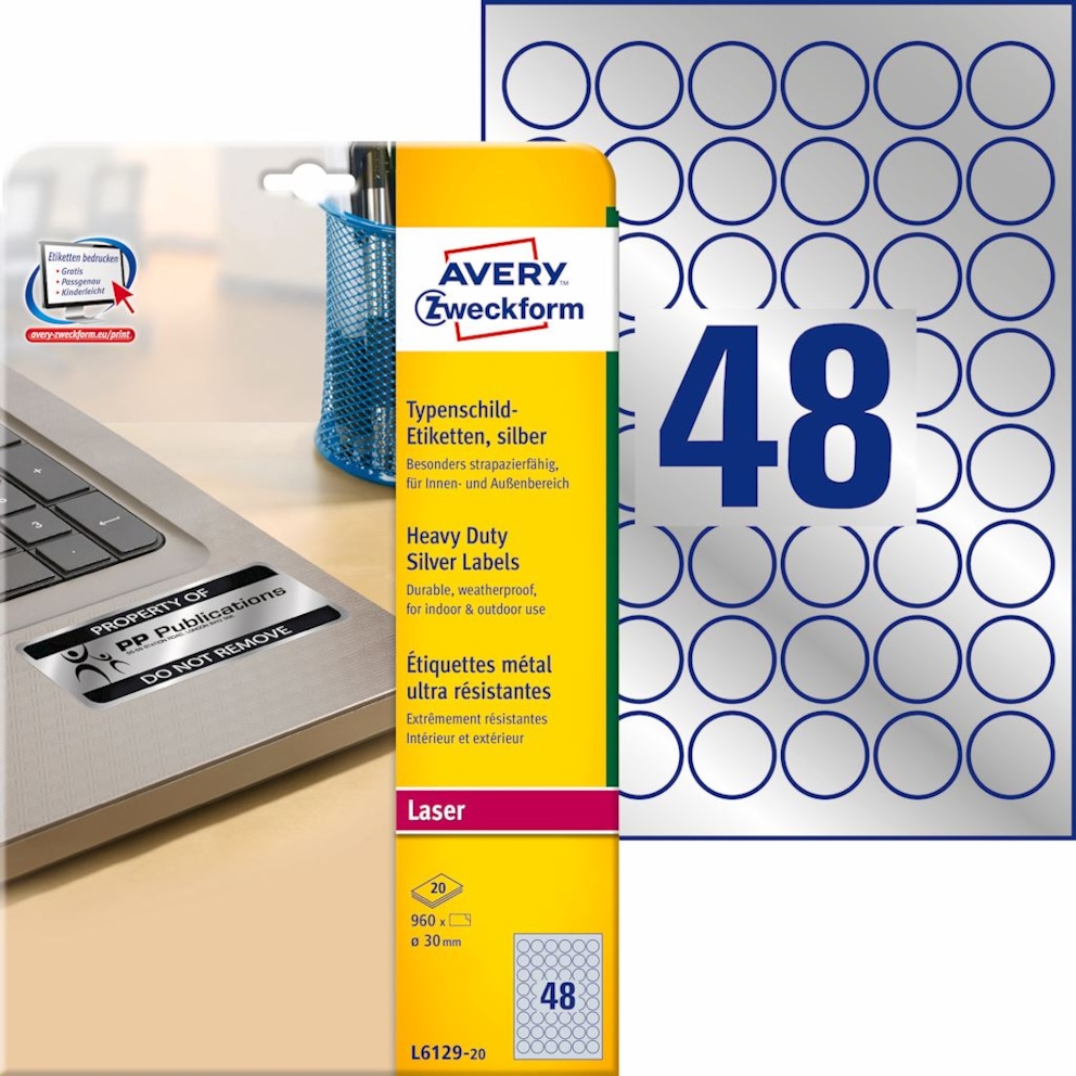 Etykiety znamionowe srebrne; A4, 20 ark./op., O30 mm, srebrne, poliestrowe
