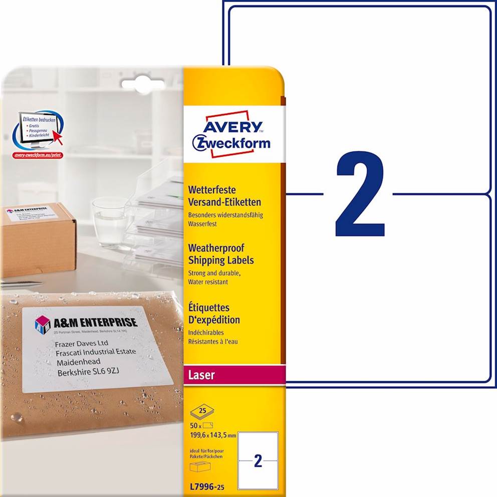 Etykiety wysyłkowe odporne na zmiany pogodowe; A4, 25 ark./op., 199,6 x 143,5 mm, białe