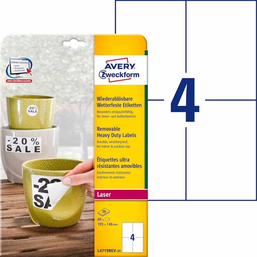 Etykiety Heavy Duty; A4, 20 ark./op., 105 x 148 mm, białe, poliestrowe -USUWALNE