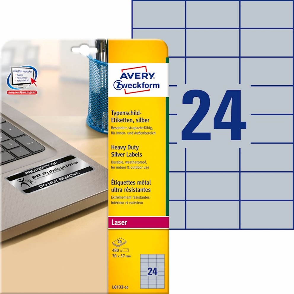 Etykiety znamionowe srebrne; A4, 20 ark./op., 70 x 37 mm, srebrne, poliestrowe