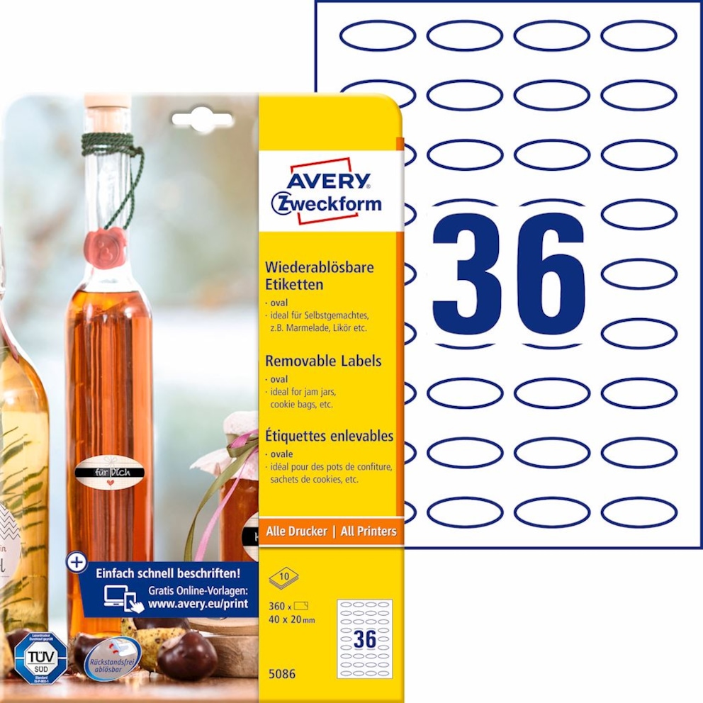 Etykiety na butelki, A4, 10 ark/op., 40 x 20, owalne, USUWALNE
