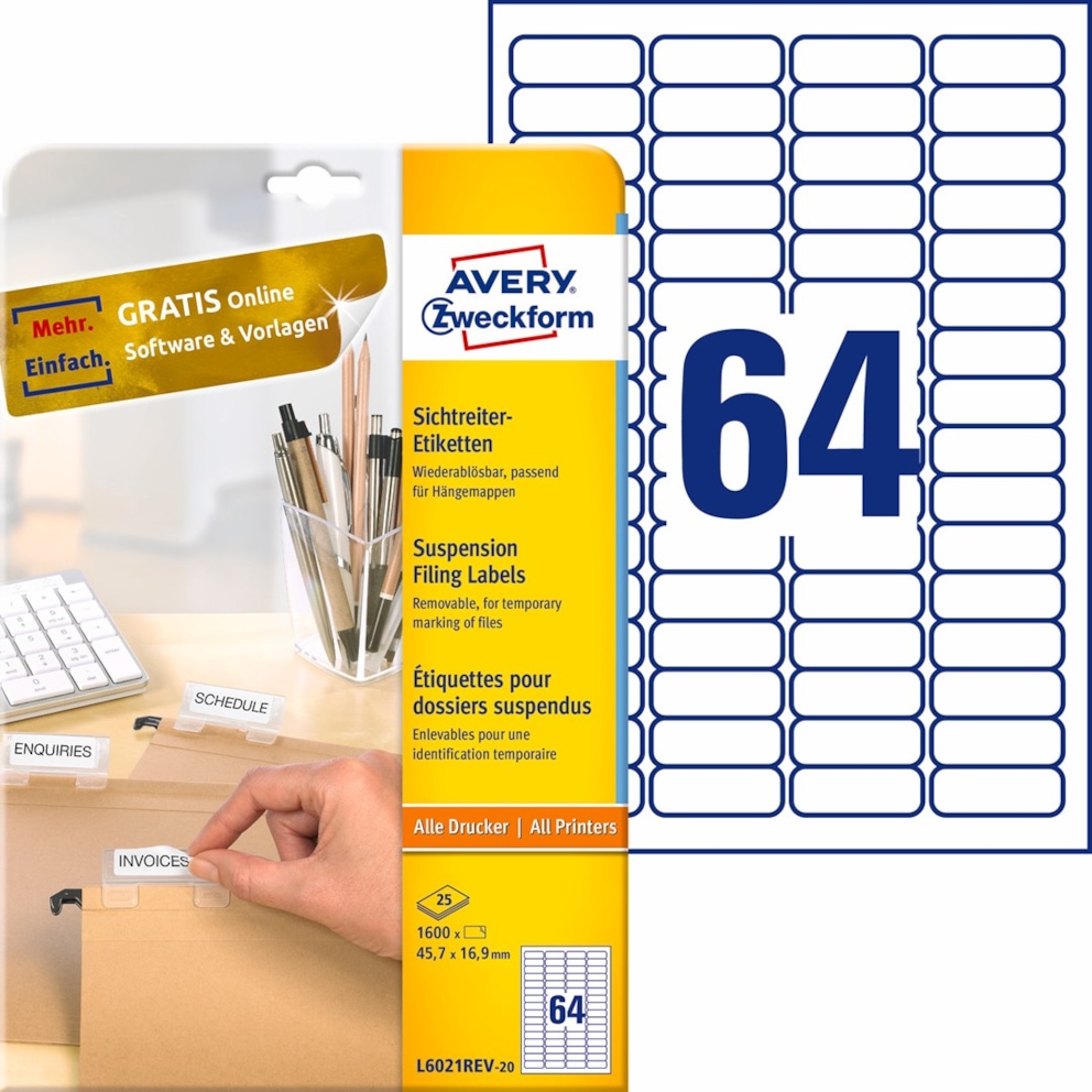 Etykiet na segegatory podwieszane; A4, 25 ark.,/op., 45,7 x 16,9 mm, białe, usuwalne