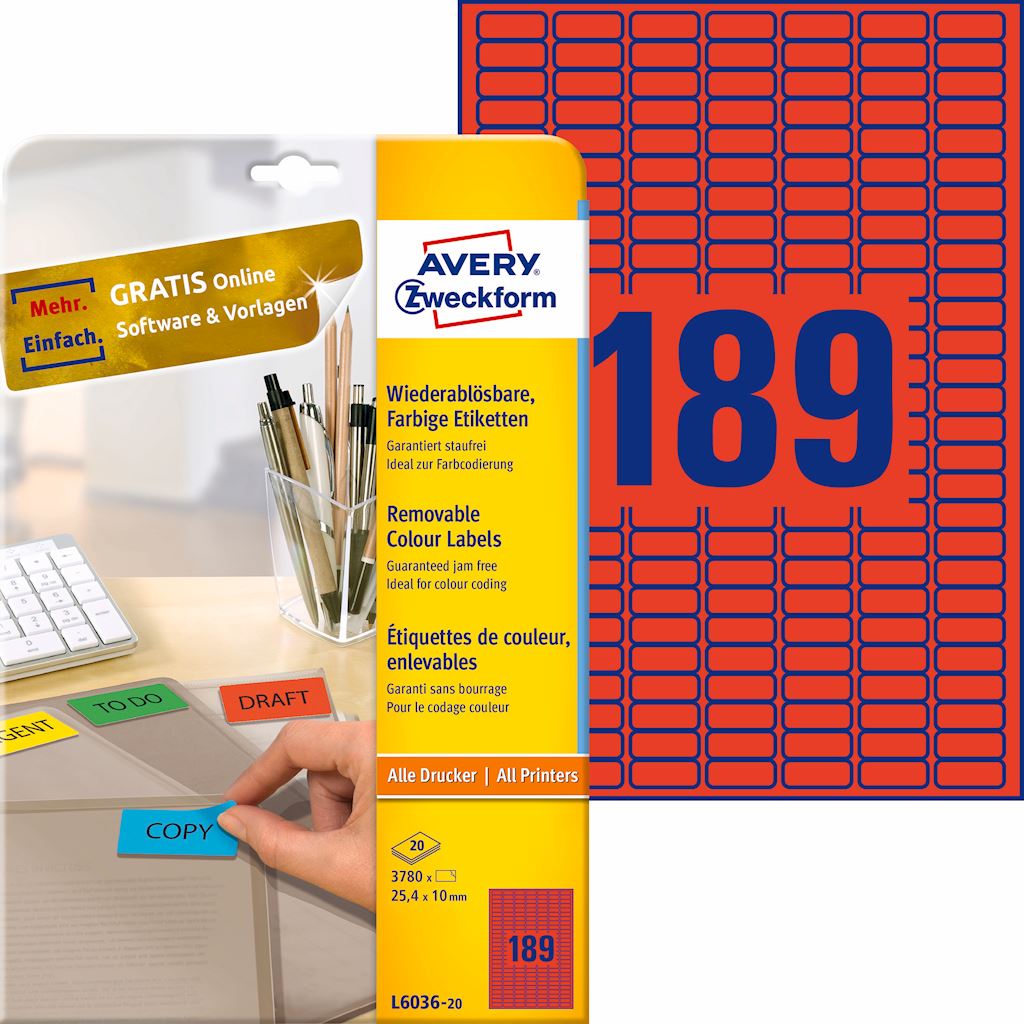 Etykiety usuwalne kolorowe; A4, 20 ark./op., 25,4 x 10 mm, czerwone