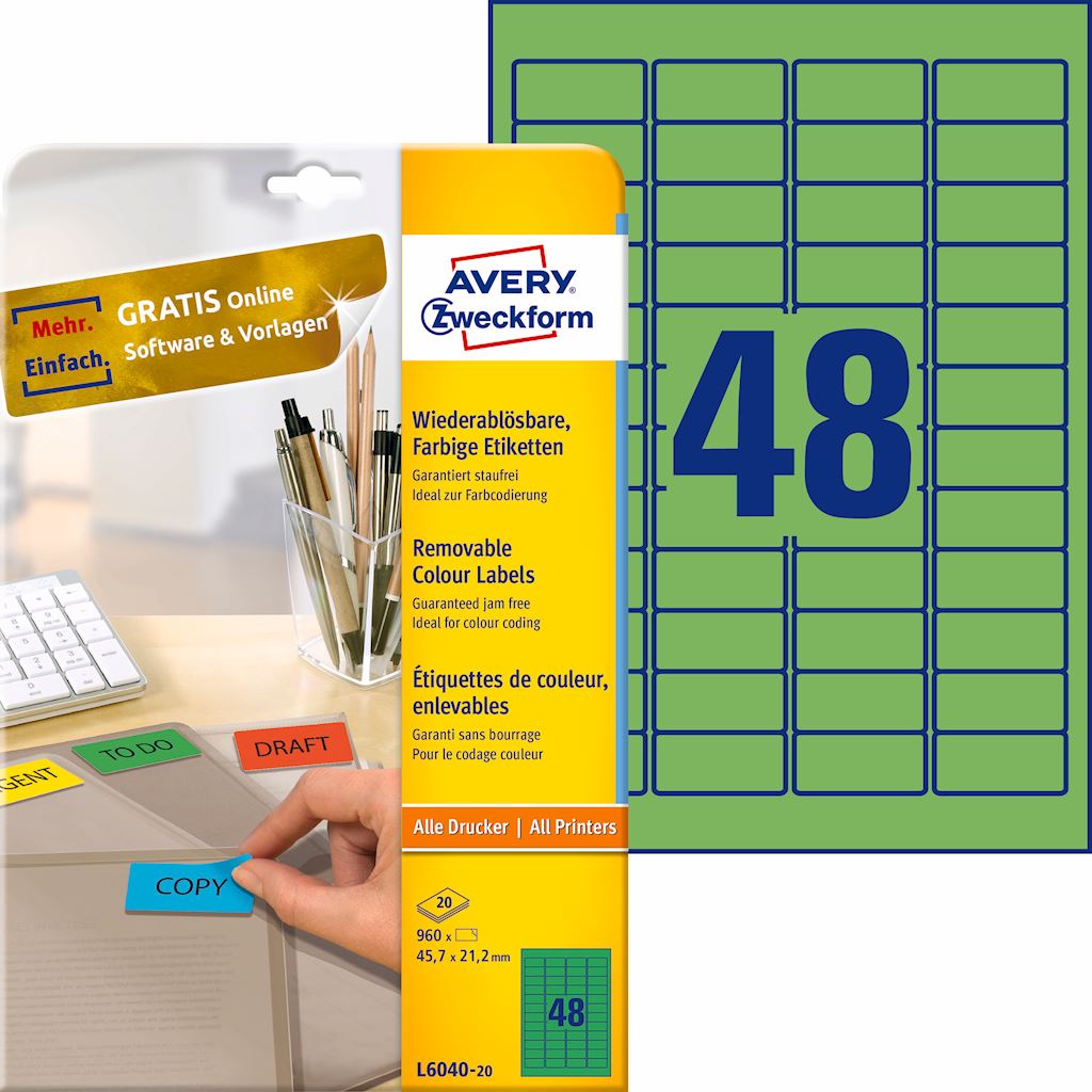 Etykiety usuwalne kolorowe; A4, 20 ark./op., 45,7 x 21,2 mm, zielone