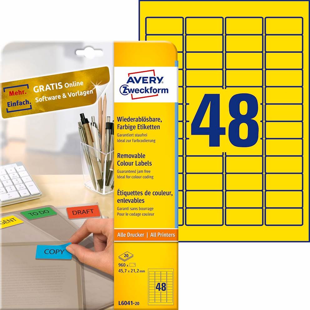 Etykiety usuwalne kolorowe; A4, 20 ark./op., 45,7 x 21,2 mm, żółte