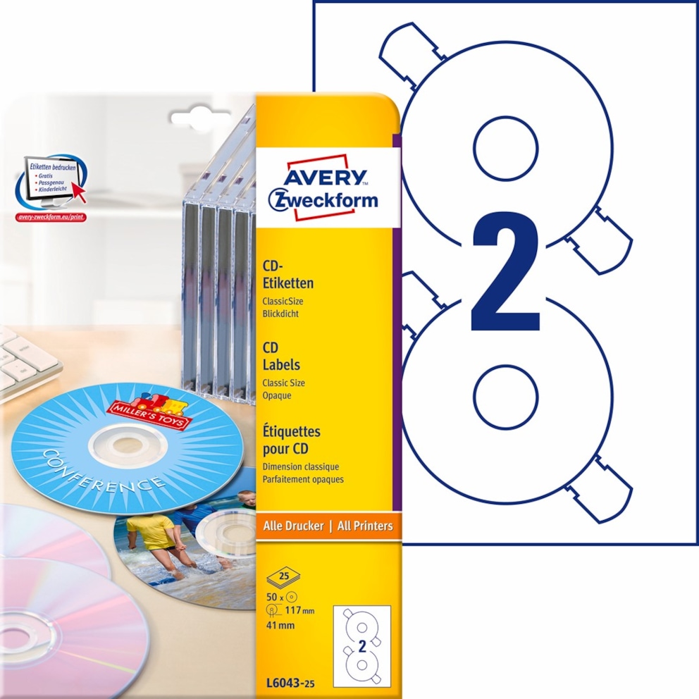 Etykiety na płyty CD; A4, 25 ark./op., o117 mm, białe