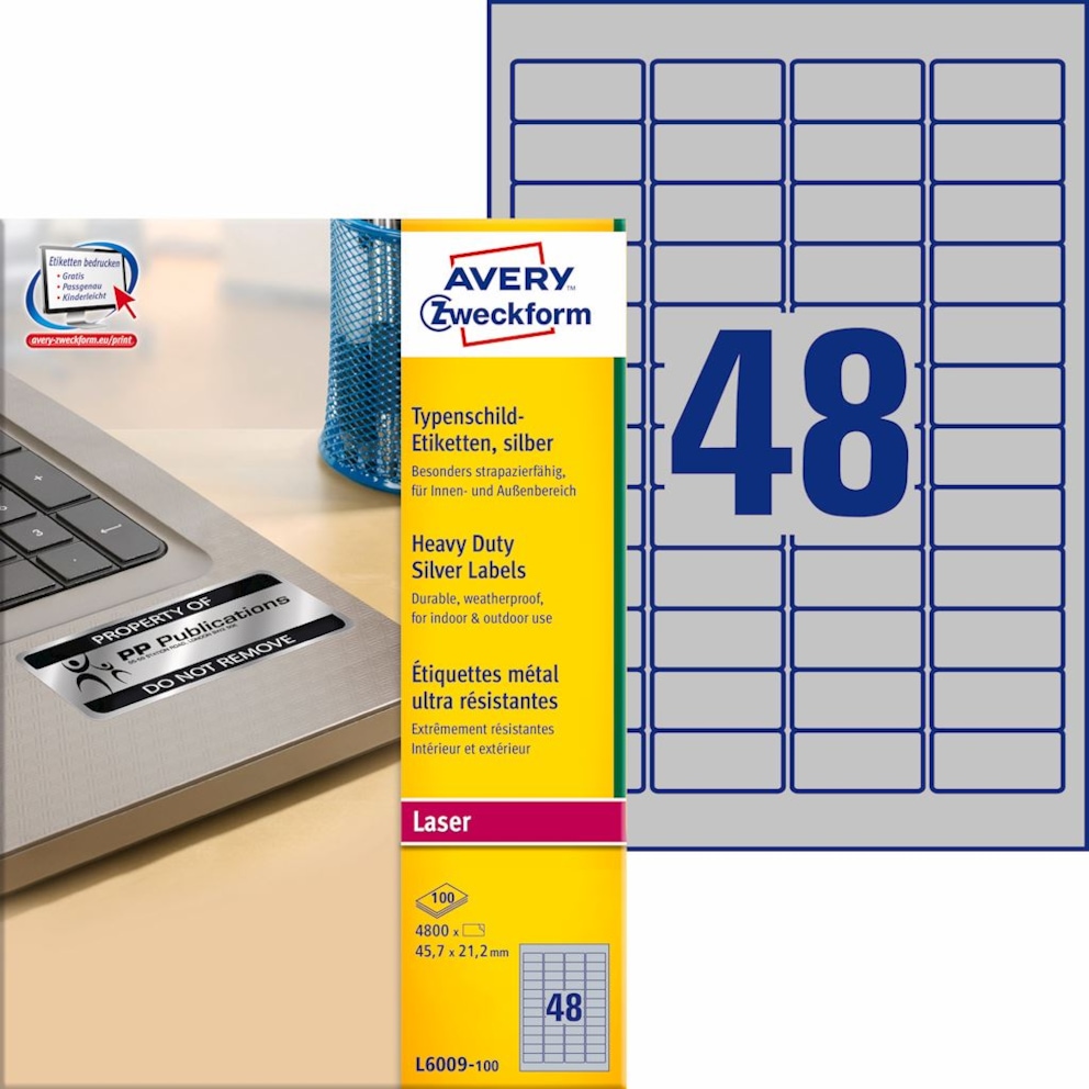 Etykiety znamionowe srebrne; A4, 100 ark./op., 45,7 x 21,2 mm, srebrne, poliestrowe