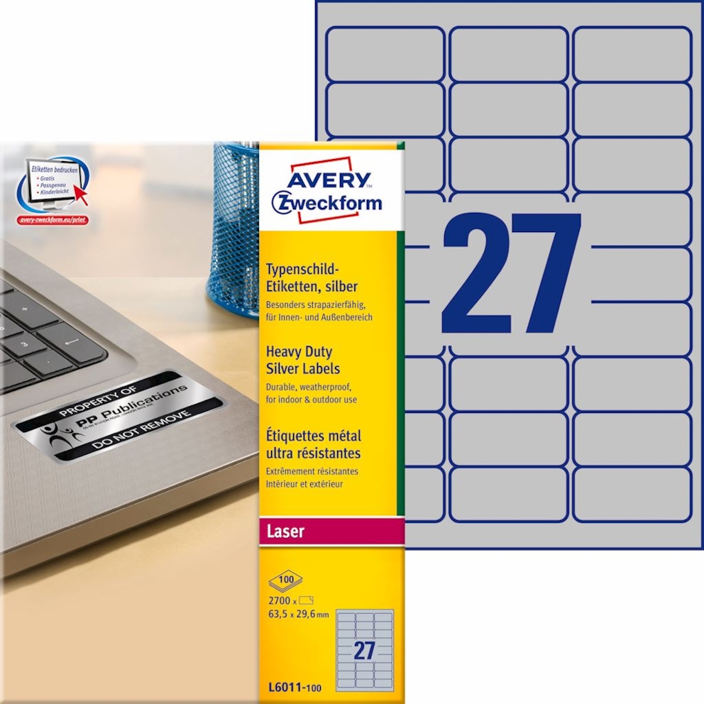 Etykiety znamionowe srebrne; A4, 100 ark./op., 63,5 x 29,6 mm, srebrne, poliestrowe