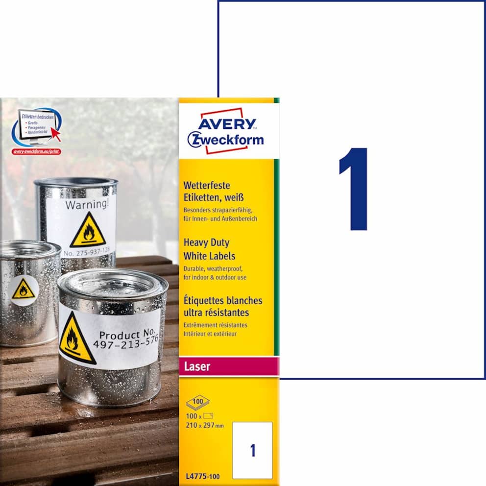 Etykiety Heavy Duty; A4, 100 ark./op., 210 x 297 mm, białe, poliestrowe
