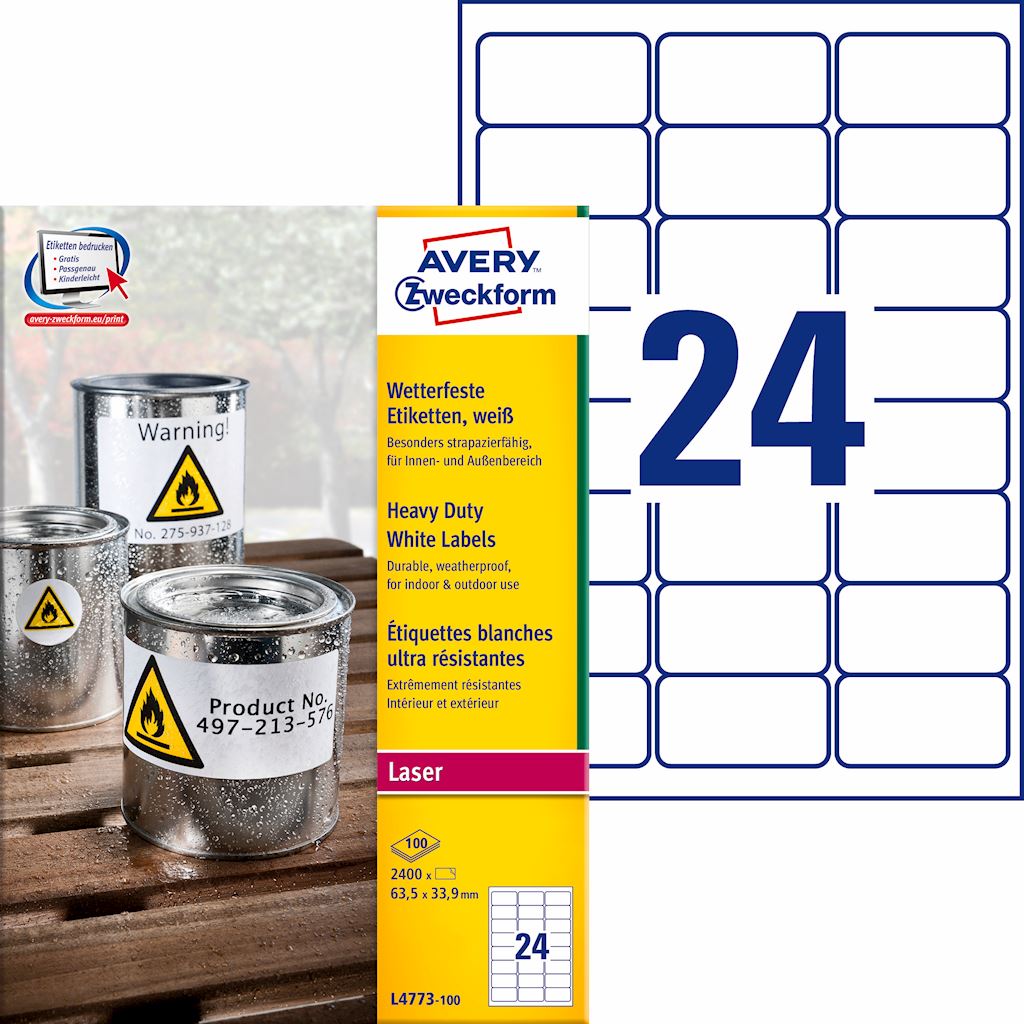Etykiety Heavy Duty; A4, 100 ark./op., 63,5 x 33,9 mm, białe, poliestrowe