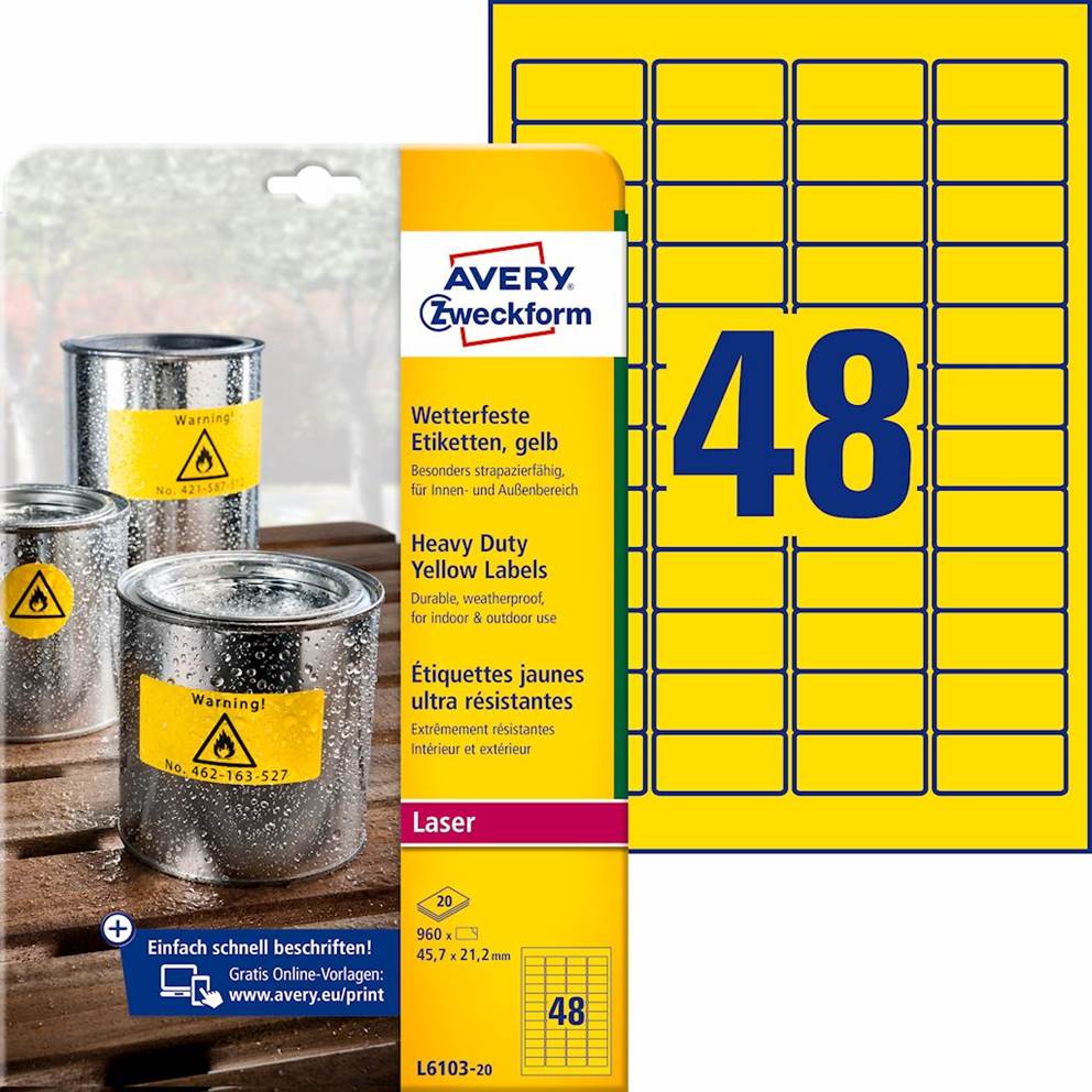Etykiety Heavy Duty; A4, 20 ark./op., 45,7 x 21,2 mm, żółte, poliestrowe