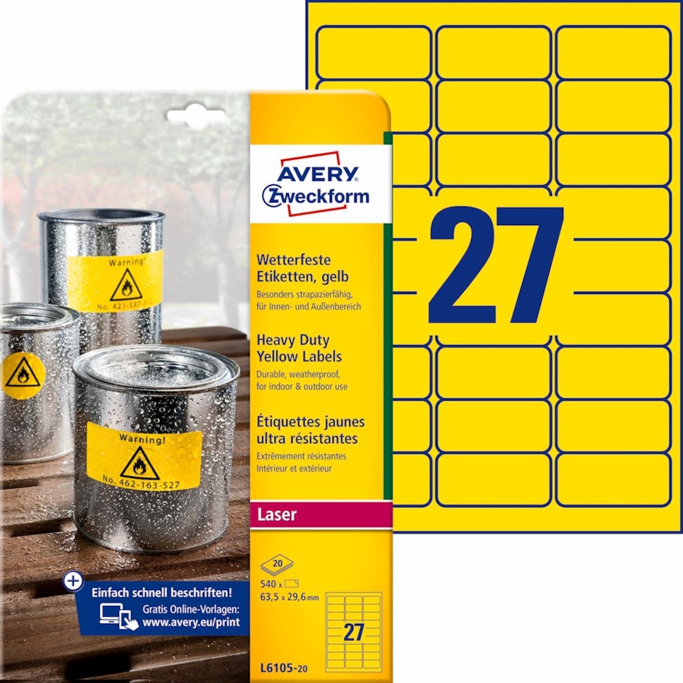 Etykiety Heavy Duty; A4, 20 ark./op., 63,5 x 29,6 mm, żółte, poliestrowe