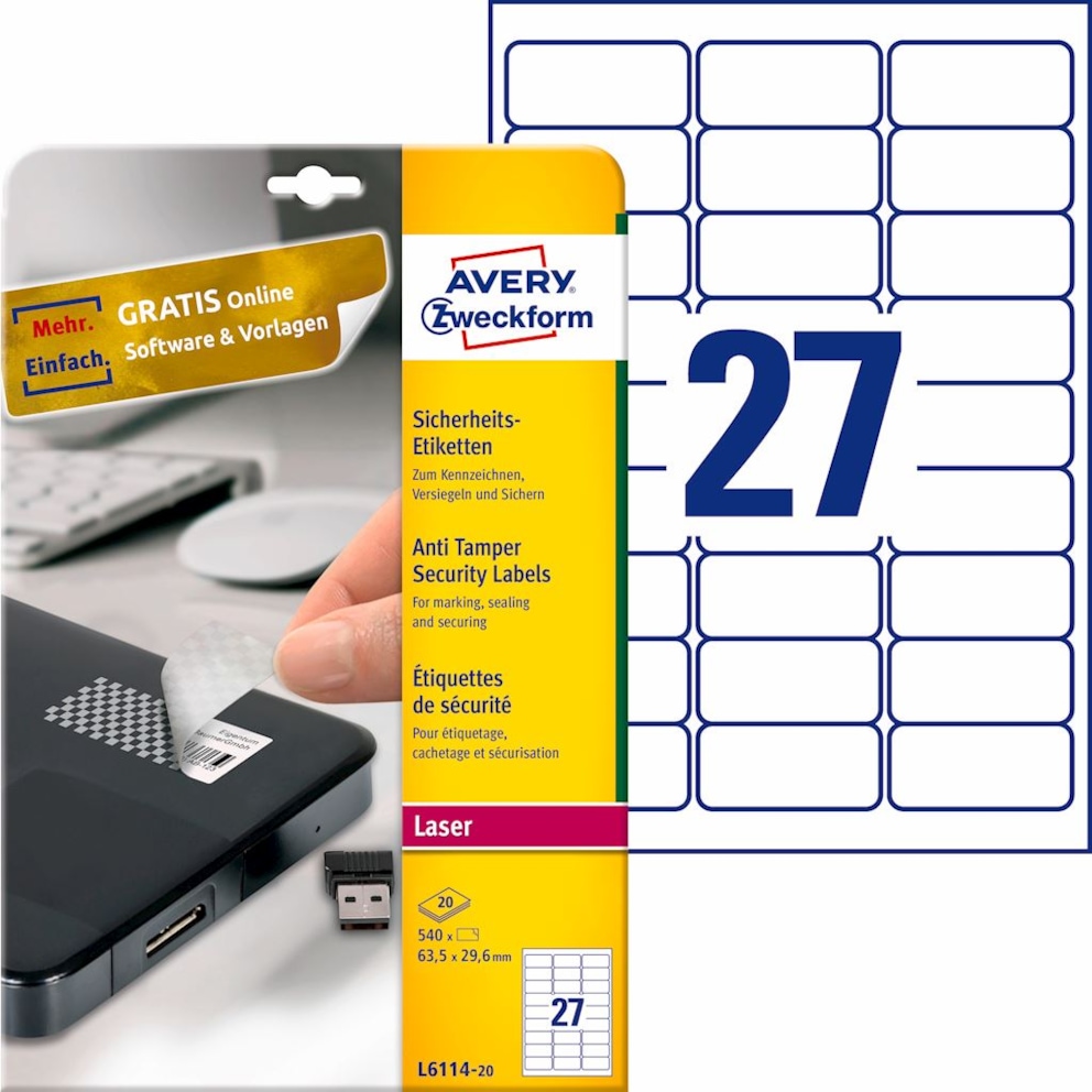 Etykiety zabezpieczające - plomby; A4, 20 ark./op., 63,5 x 29,6 mm, białe, poliestrowe