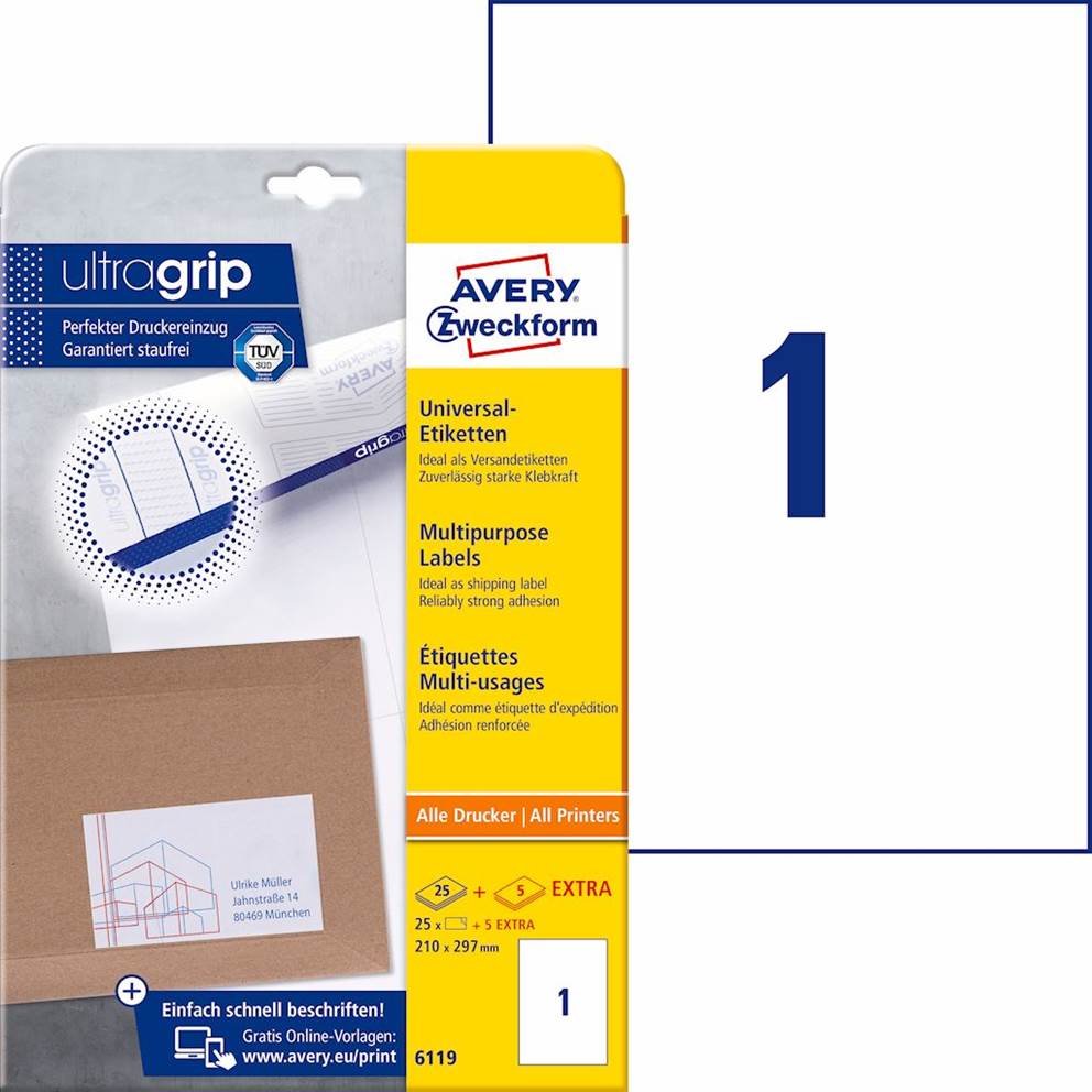 Trwałe etykiety uniwersalne; A4, 25 ark./op., 210 x 297 mm, białe