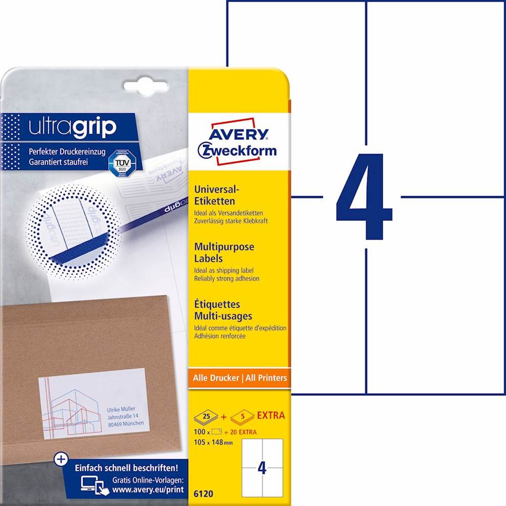 Trwałe etykiety uniwersalne; A4, 25 ark./op., 105 x 148 mm, białe