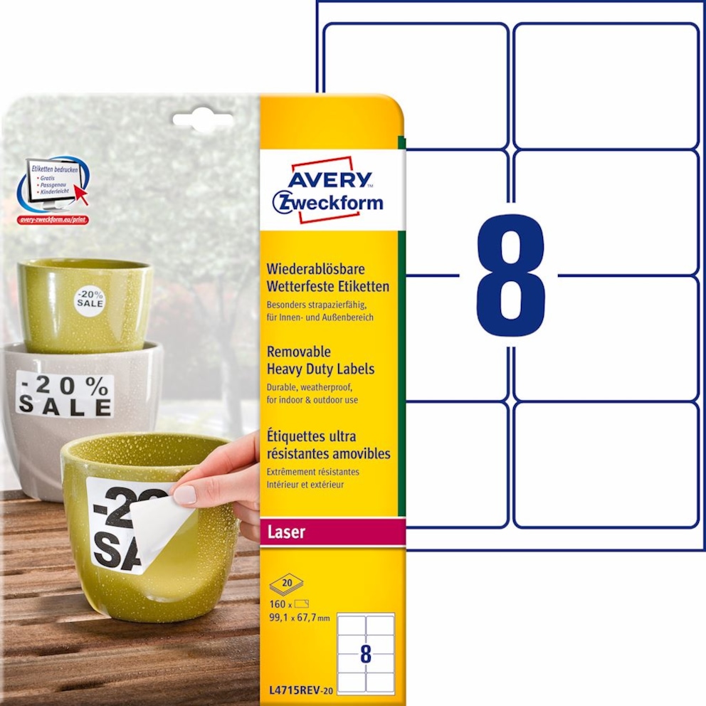 Etykiety Heavy Duty; A4, 20 ark./op., 99,1 x 67,7 mm, białe, poliestrowe - USUWALNE