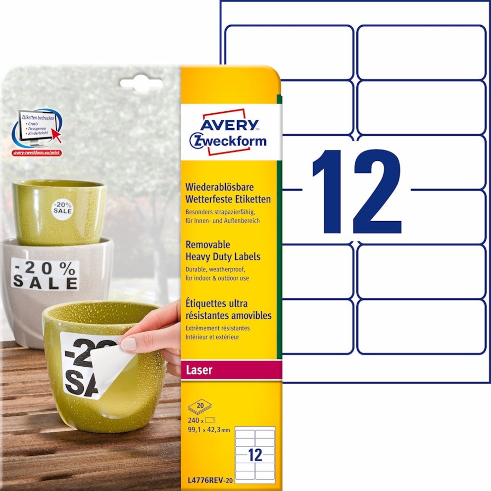 Etykiety Heavy Duty; A4, 20 ark./op., 99,1 x 42,3 mm, białe, poliestrowe - USUWALNE