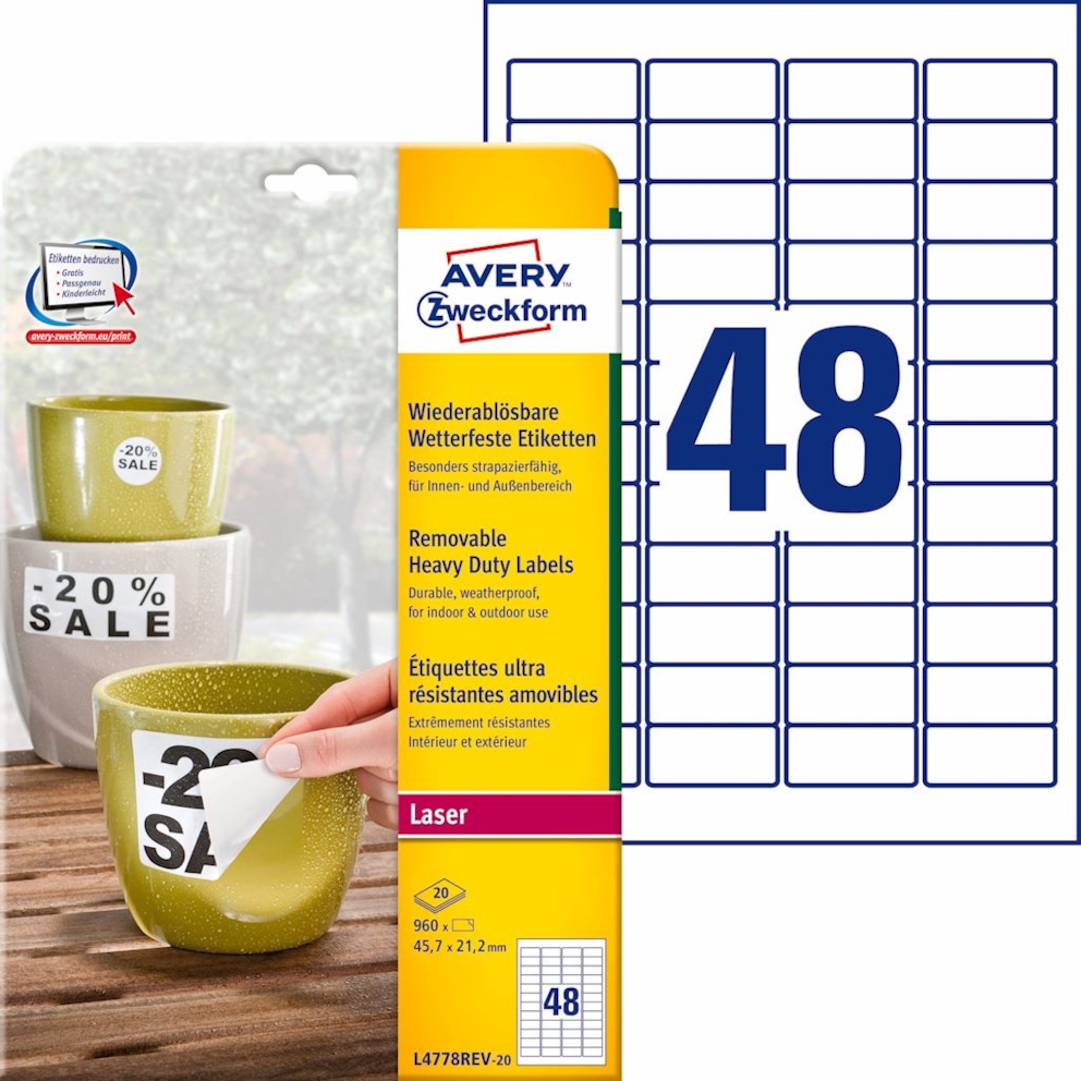 Etykiety Heavy Duty; A4, 20 ark./op., 45,7 x 21,2 mm, białe, poliestrowe -USUWALNE