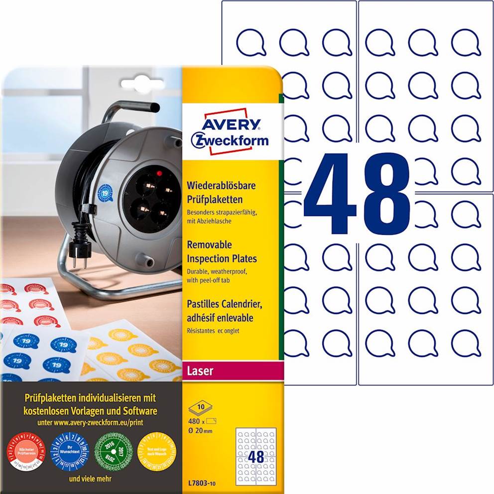 Usuwalne tabliczki inspekcyjne, A4, 10 ark./op., O20mm