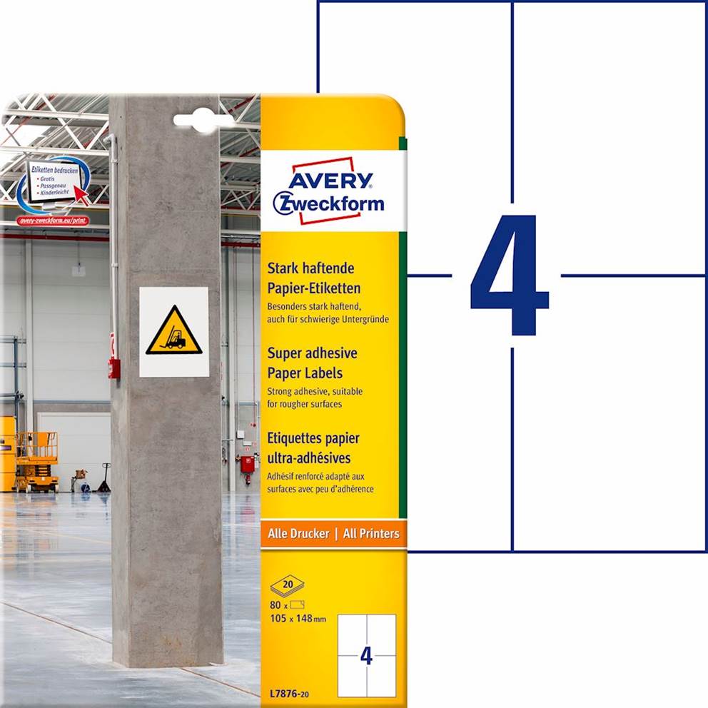 Etykiety papierowe do trudnych powierzchni, A4, 20 ark./op., 105 x 148 mm