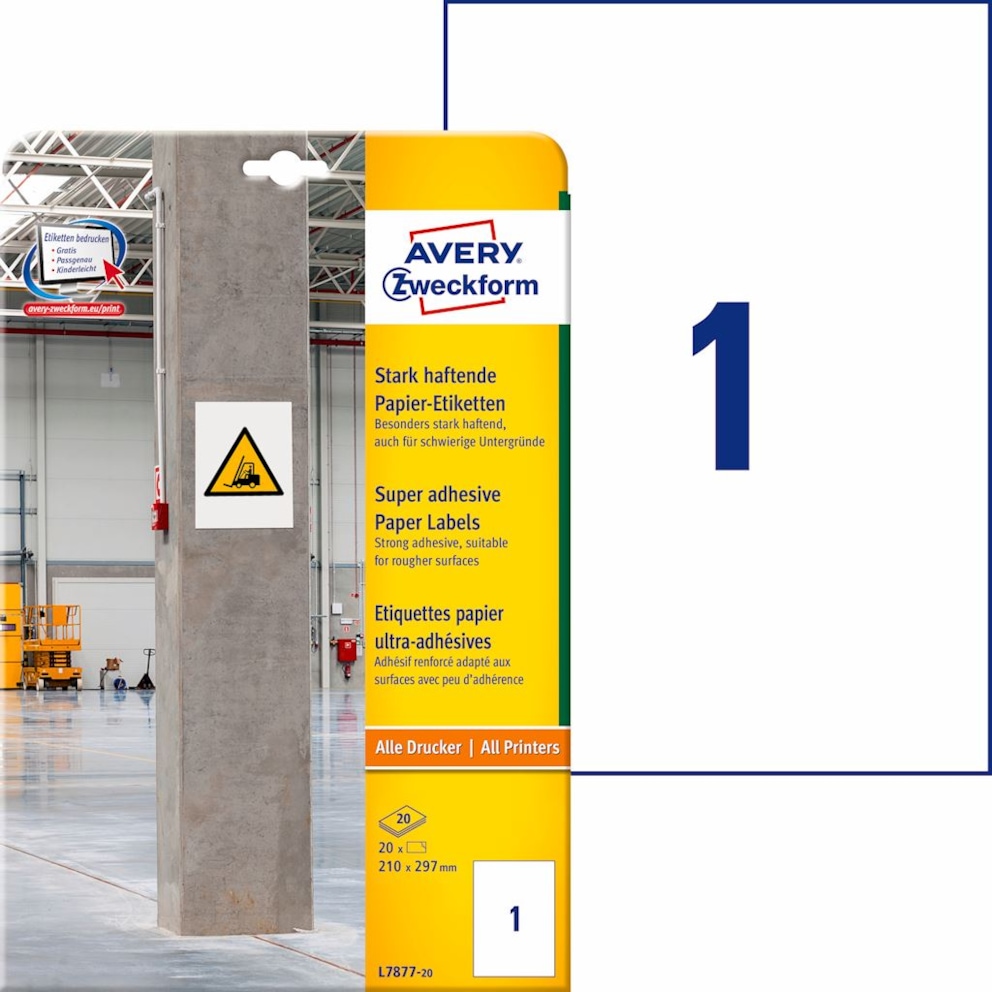 Etykiety papierowe do trudnych powierzchni, A4, 20 ark./op., 210 x 297 mm