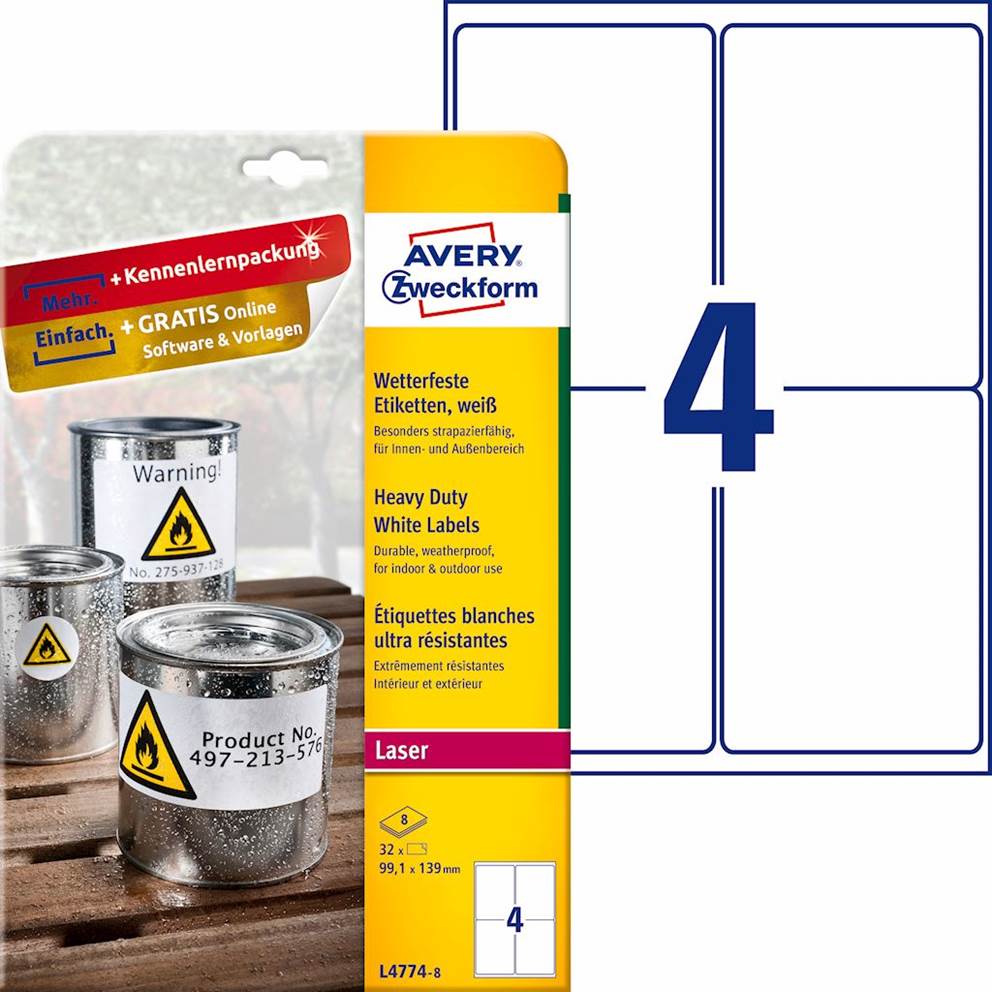 Etykiety Heavy Duty; A4, 8 ark./op., 99,1 x 139 mm, białe, poliestrowe