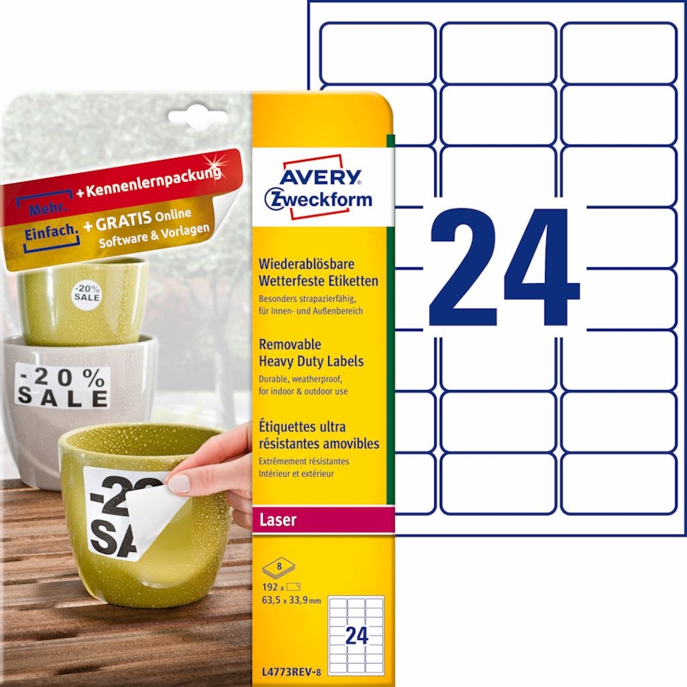 Etykiety Heavy Duty; A4, 8 ark./op., 63,5 x 33,9 mm, białe, poliestrowe - USUWALNE