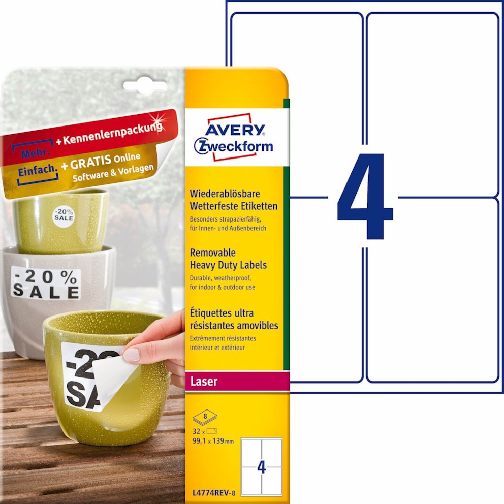 Etykiety Heavy Duty; A4, 8 ark./op., 99,1 x 139 mm, białe, poliestrowe - USUWALNE