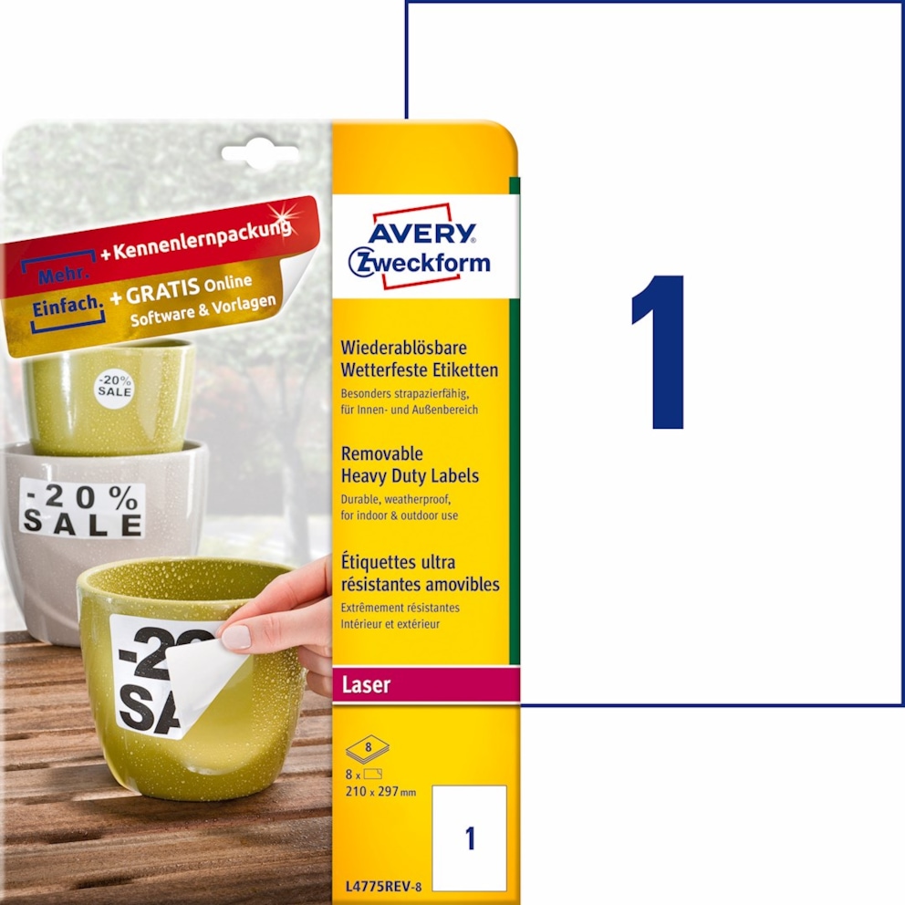 Etykiety Heavy Duty; A4, 8 ark./op., 210 x 297 mm, białe, poliestrowe -USUWALNE