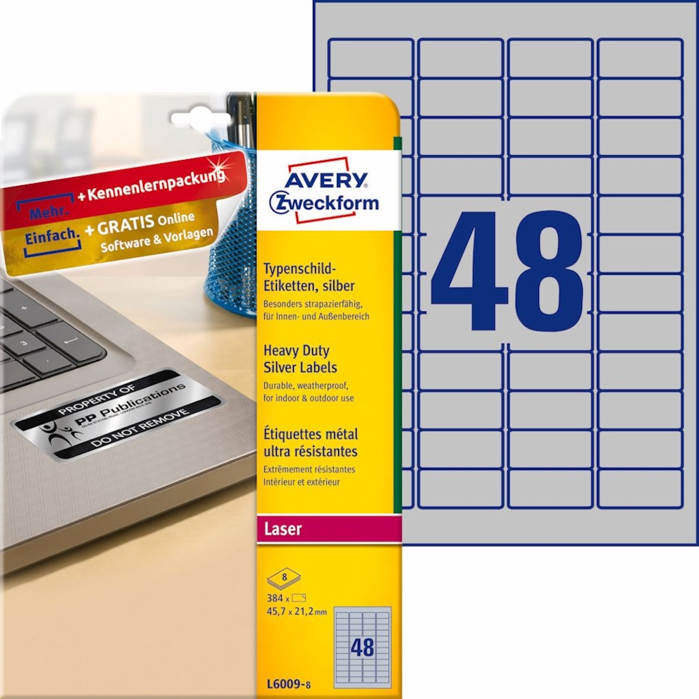 Etykiety znamionowe srebrne; A4, 8 ark./op., 45,7 x 21,2 mm, srebrne, poliestrowe