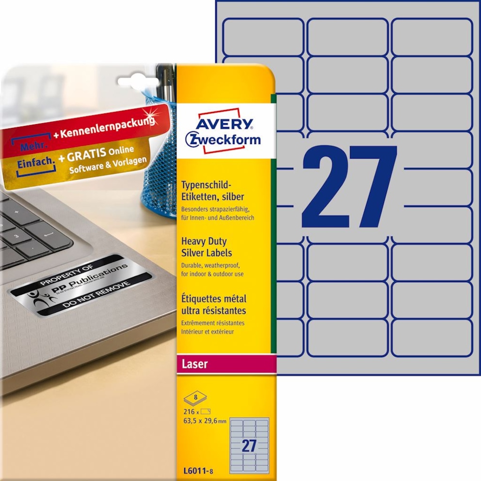 Etykiety znamionowe srebrne; A4, 8 ark./op., 63,5 x 29,6 mm, srebrne, poliestrowe