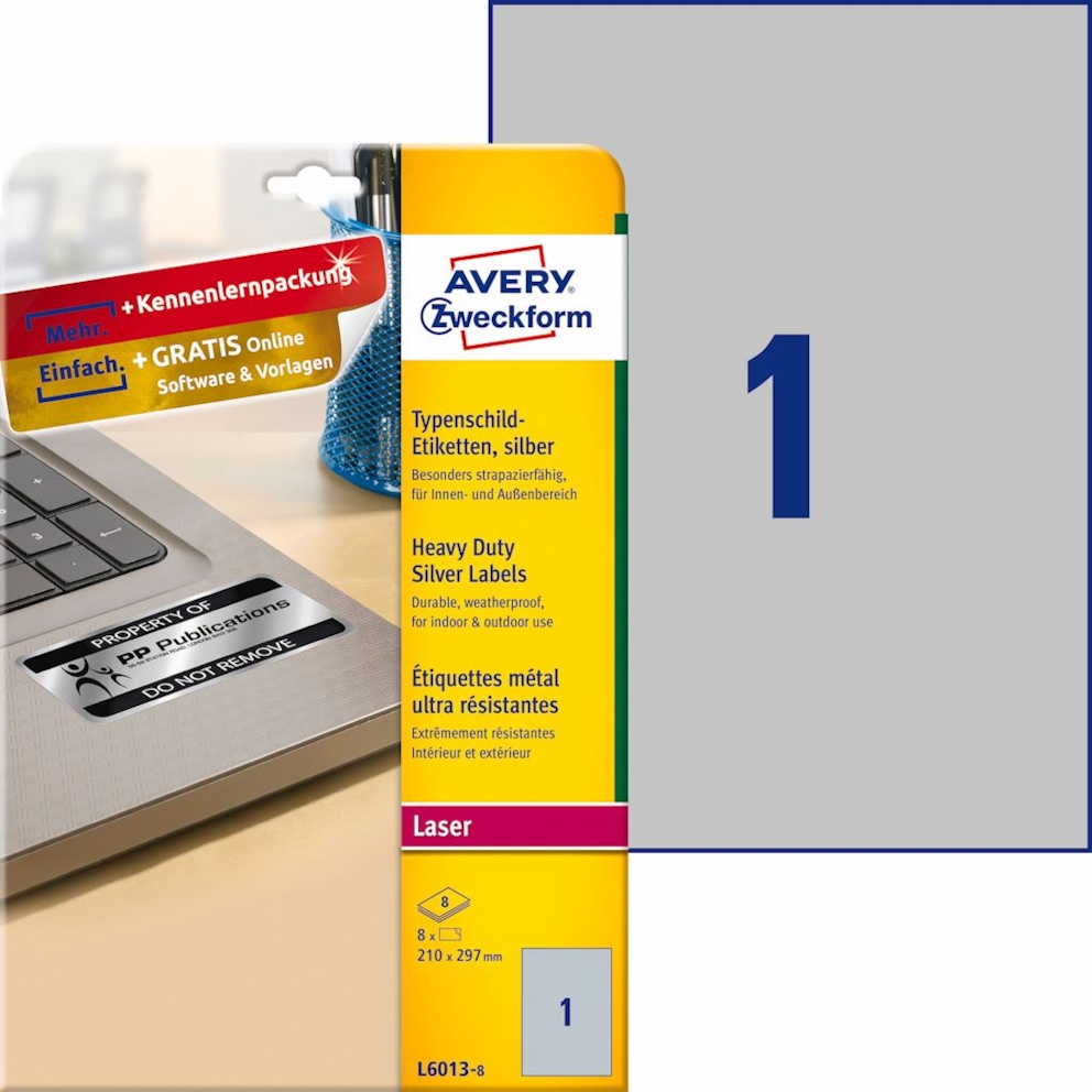Etykiety znamionowe srebrne; A4, 8 ark./op., 210 x 297 mm, srebrne, poliestrowe