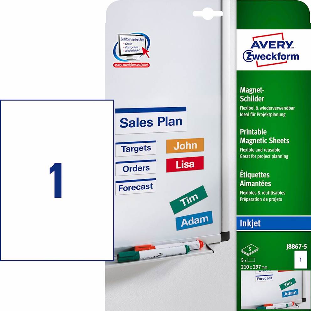 Magnetyczne znaki samoprzylegające; A4, 5 ark./op., 210 x 297 mm, białe