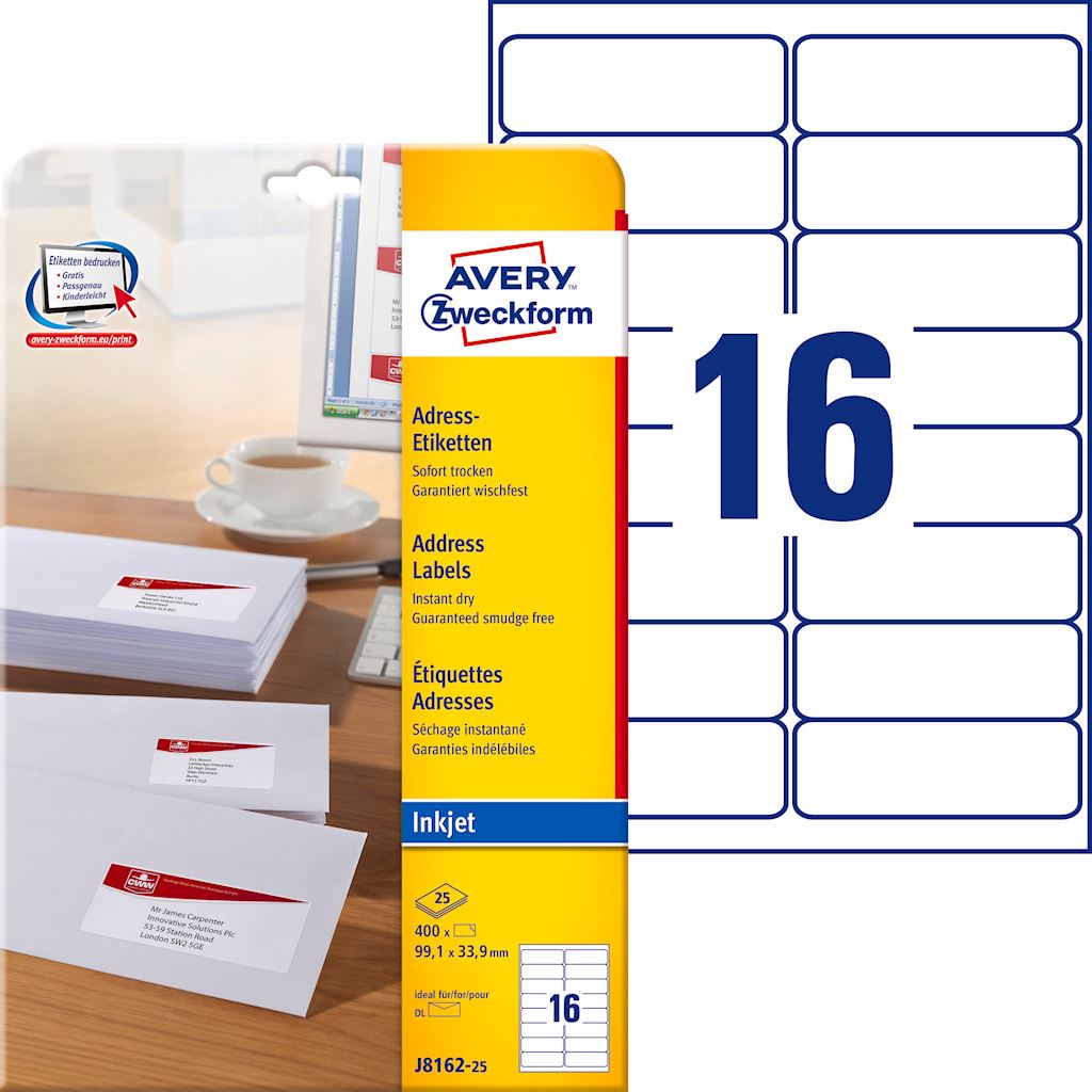 Etykiety adresowe białe; A4, 25 ark./op., 99,1 x 33,9 mm, białe