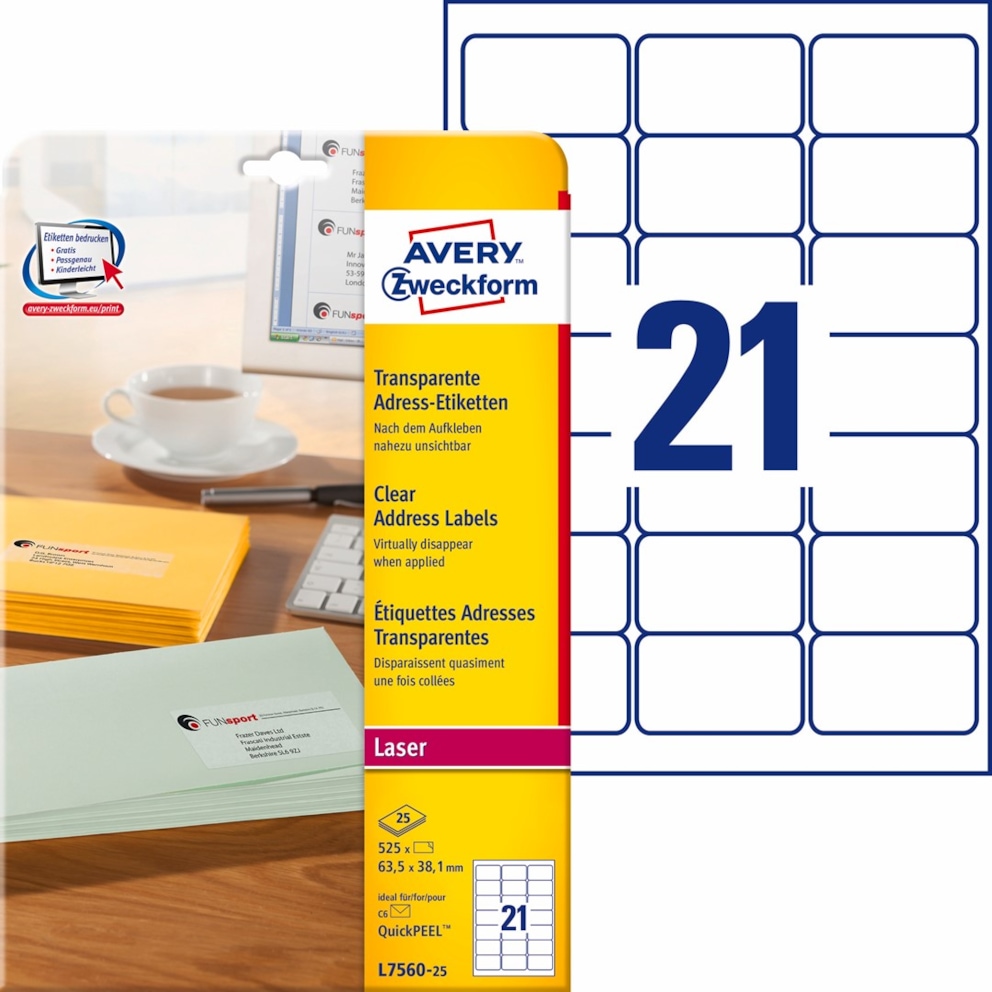 Etykiety adresowe przezroczyste; A4, 25 ark./op., 63,5 x 38,1 mm, przezroczyste