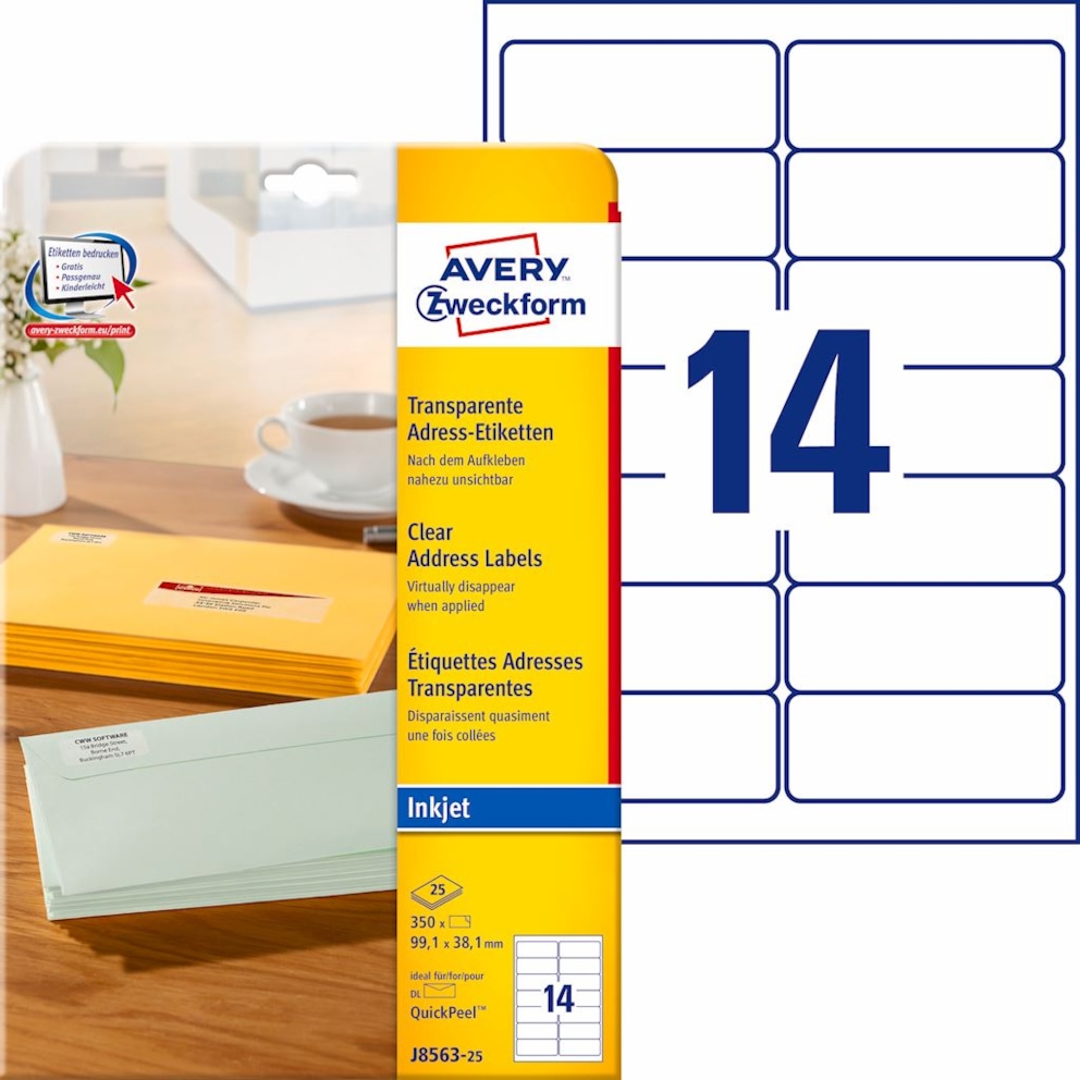 Etykiety adresowe przezroczyste; A4, 25 ark./op., 99,1 x 38,1 mm, przezroczyste