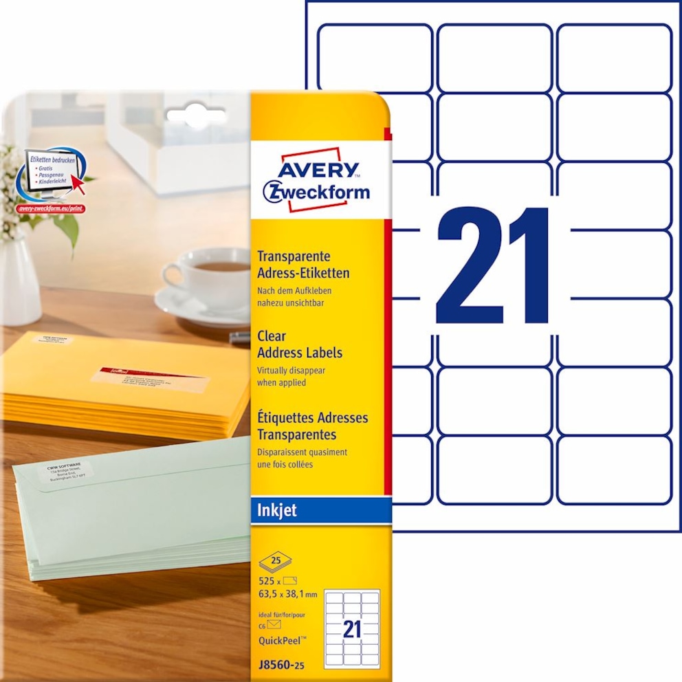 Etykiety adresowe przezroczyste; A4, 25 ark./op., 63,5 x 38,1 mm, przezroczyste