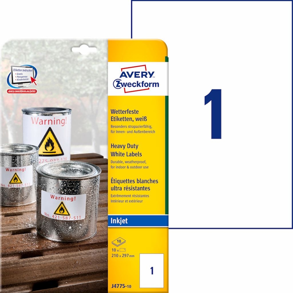 Etykiety Heavy Duty; A4, 10 ark./op., 210 x 297 mm, białe, poliestrowe