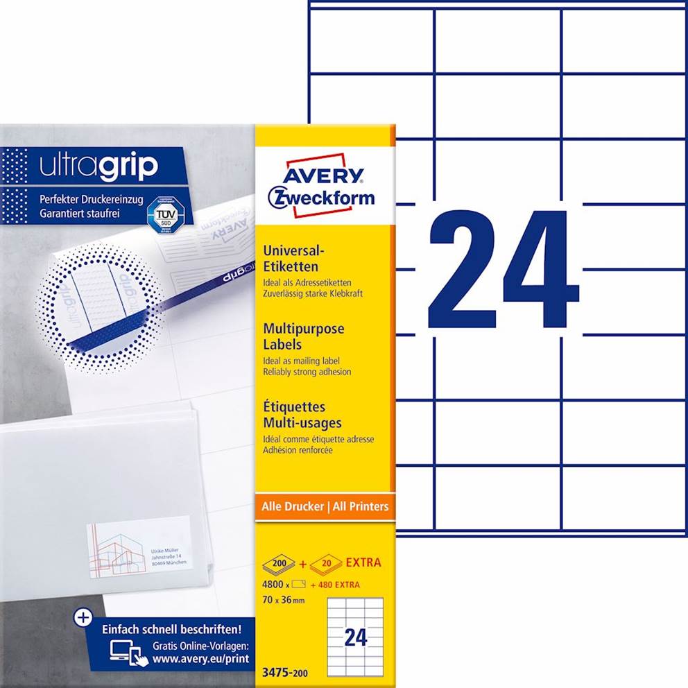 Trwałe etykiety uniwersalne; A4, 200 ark./op., 70 x 36 mm, białe