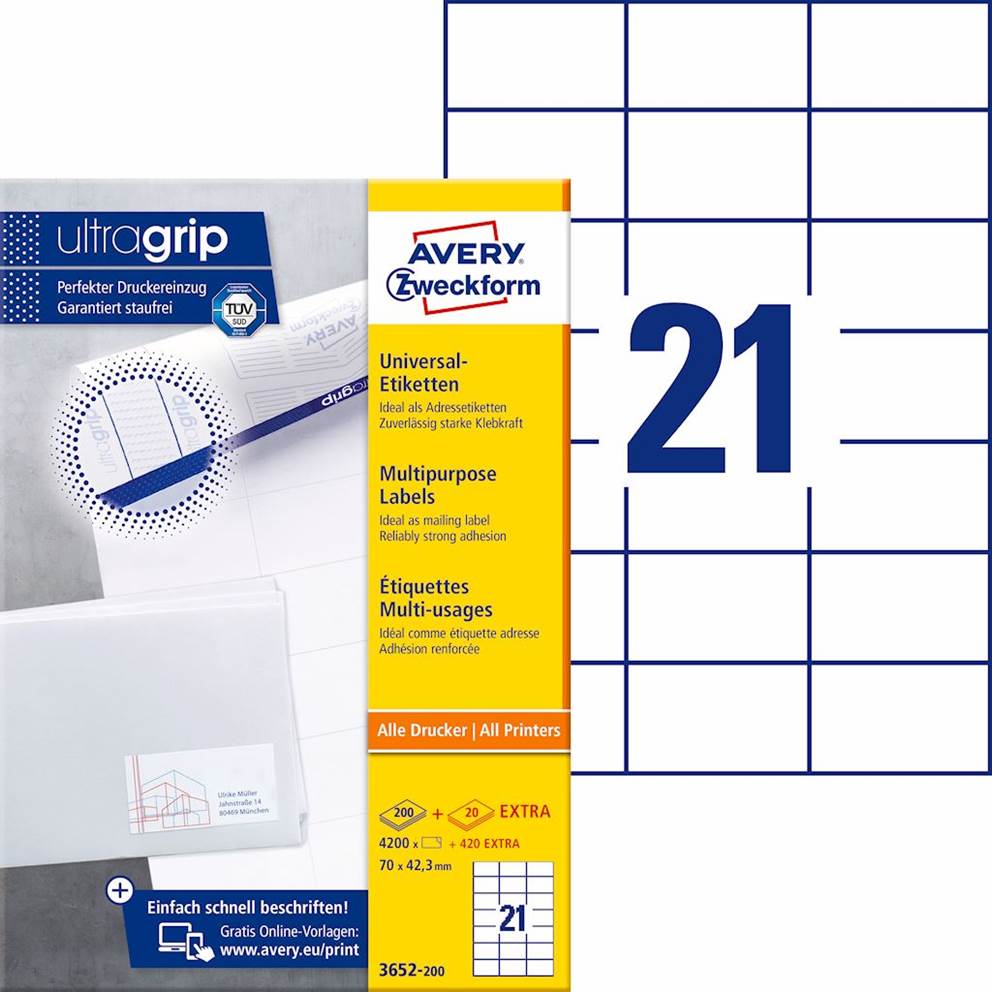 Trwałe etykiety uniwersalne; A4, 200 ark./op., 70 x 42,3 mm, białe